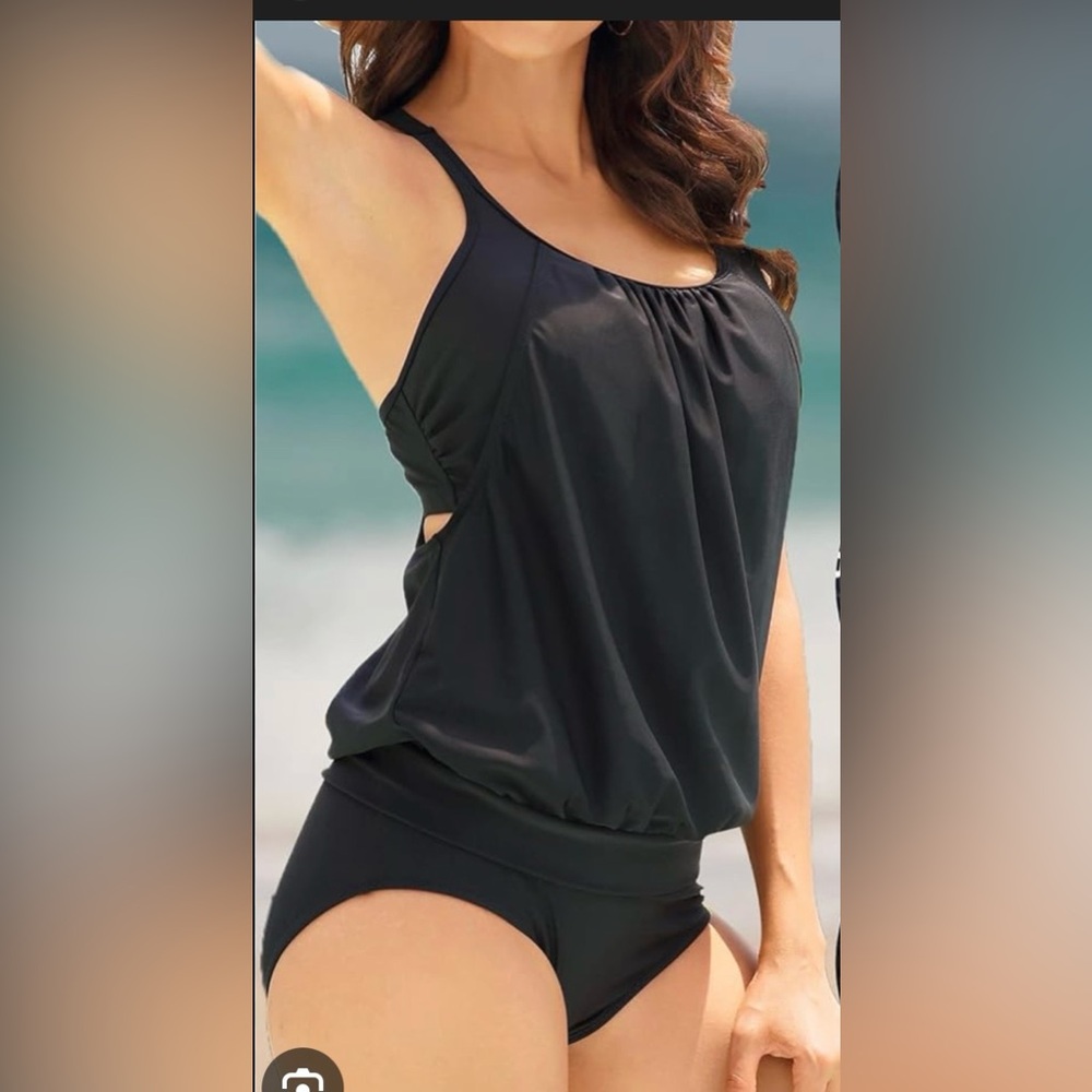 Yonique Black Blouson Tankini 2-Piece Bikini Set NWT M